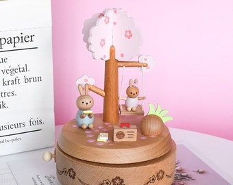 Boîte à musique en bois avec swing de lapin, Boîte à musique personnalisée, Cadeau unique, Souvenir spécial