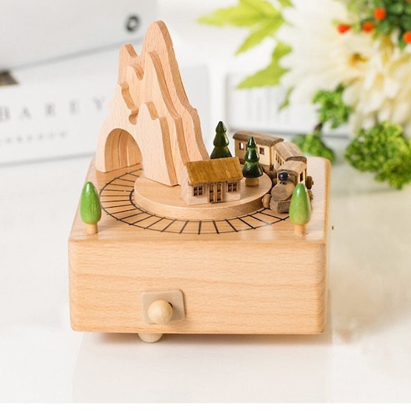 Personalized Mobile Train in Cave Wooden Music Box, Customized Music Box, Unique Gift, Special Keepsake, Gift for her, Gift for him