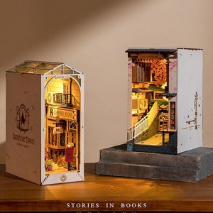 DIY Book Stand Handmade Book End Assembled Toys Wooden with Lights Creative Book Stand Decoration, Book Ornaments, Gift for Her/Him