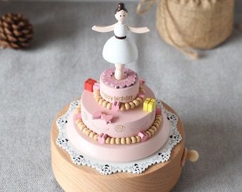 Ballet Girl & Birthday Cake Wooden Music Box, Dancing Girl, Customized Music Box, Personalized Engraving Gift for Birthday, Gift for her