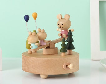 Boîte à musique en bois Bear Seesaw, boîte à musique personnalisée, cadeau unique, souvenir spécial