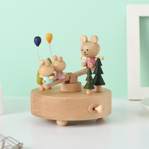 Boîte à musique en bois Bear Seesaw, boîte à musique personnalisée, cadeau unique, souvenir spécial