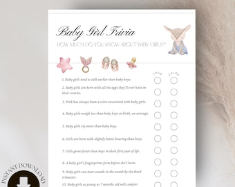 Bilingual Trivia for Baby Shower, Printable True False Game, Fun Baby Girl Mommy to be Activity, Cute Minimalist Quiz, Juegos en Español