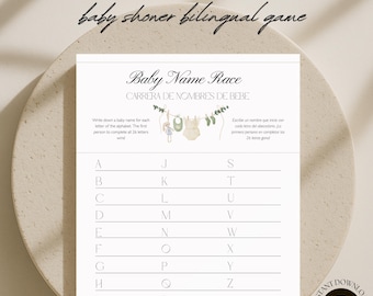 Bilingual Game for Baby Shower, Printable Name Race Game, Fun Mommy to be Activity, Cute Minimalist Quiz, Hispanic Party, Juegos en Español
