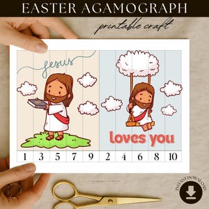 Könnte beinhalten: Ein druckbares Oster-Agamograph-Bastelprojekt mit einem Cartoon-Jesus, der ein Buch hält und ein anderer auf einer Schaukel. Die Worte "Jesus" und "loves you" sind enthalten. Das Bild hat ein helles Farbschema mit einem Raster und Zahlen.