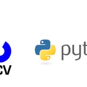 May include: The OpenCV logo, featuring three overlapping circles in red, green, and blue, with the text "OpenCV" below. The Python logo, a yellow snake wrapped around a blue snake, with the text "python" in grey.