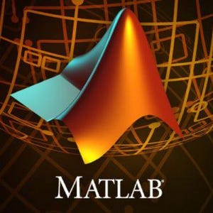 Puede incluir: Un gr&aacute;fico 3D estilizado, abstracto, naranja y azul con la palabra "MATLAB" en blanco debajo. El gr&aacute;fico est&aacute; sobre un fondo oscuro con una esfera dorada de alambre.