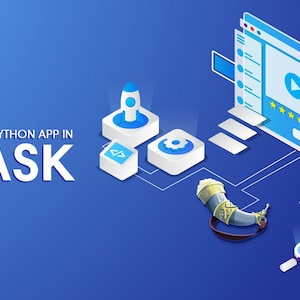 May include: A blue and white illustration of a website design with a play button, stars, and a picture of a mountain. The illustration is connected to a rocket, code, and a gear, representing the process of building a Python app in Flask.