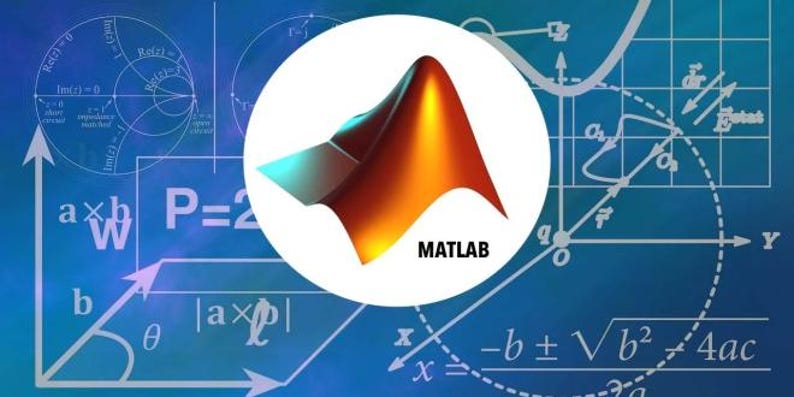 Puede incluir: Un fondo azul con f&oacute;rmulas matem&aacute;ticas y gr&aacute;ficos. Un c&iacute;rculo blanco con un gr&aacute;fico 3D rojo, naranja y azul en el centro. El texto "MATLAB" est&aacute; debajo del gr&aacute;fico.