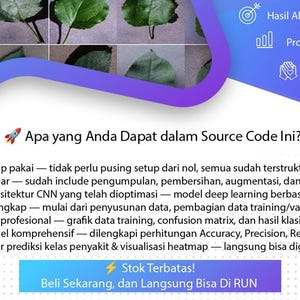 May include: An image with green leaves and Indonesian text. The text includes phrases such as "Hasil Akurat" and "Productif". The graphic also features a rocket ship icon and a call to action to buy.