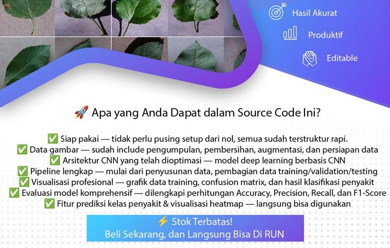 May include: An image with green leaves and Indonesian text. The text includes phrases such as "Hasil Akurat" and "Productif". The graphic also features a rocket ship icon and a call to action to buy.