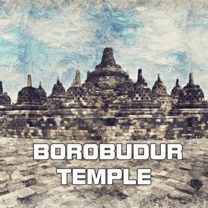 Op de afbeelding: Een vintage-achtige afbeelding van de Borobudur-tempel in Indonesië. De tempel is een grote boeddhistische tempel met veel stoepa's en een centrale koepel. De afbeelding is in tinten blauw, grijs en bruin.