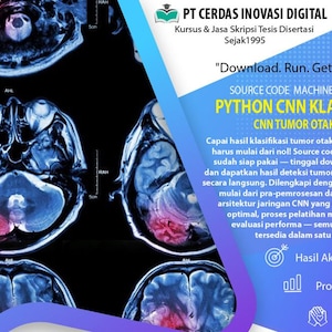 Op de afbeelding: Medische illustratie van een hersenscan, met Indonesische tekst. De tekst bevat "Python CNN Klasifikasi" en "CNN Tumor Otak MRI". De afbeelding bevat ook de tekst "Download. Run. Get Results."