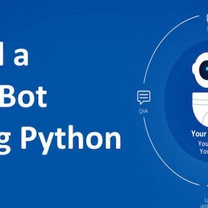 Peut inclure: Illustration d'un chatbot sur un fond bleu. Le chatbot est un robot blanc avec un visage souriant et une bulle de dialogue au-dessus de sa tête. Le texte "Build a ChatBot Using Python" est affiché en lettres blanches sur le fond bleu. Le chatbot est entouré de cercles avec des icônes représentant différentes fonctionnalités de chatbot, notamment la parole, la vision et les questions-réponses.