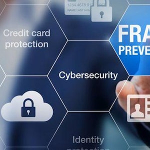 Może przedstawiać: Niebieski sześciokątny przycisk z napisem "ZASTRZEGANIE PRZED OSZUSTWAMI" w kolorze białym. Przycisk jest otoczony innymi sześciokątnymi przyciskami z tekstem związanym z bezpieczeństwem cybernetycznym, np. "Ochrona kart kredytowych", "Ochrona danych", "Cyberbezpieczeństwo" i "Tożsamość". Ręka osoby dotyka przycisku "ZASTRZEGANIE PRZED OSZUSTWAMI".