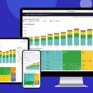Puede incluir: Una captura de pantalla que muestra un panel de visualización de datos con tres tamaños de pantalla diferentes: una computadora de escritorio, una tableta y un teléfono inteligente. El panel muestra gráficos y diagramas con datos sobre turismo internacional, ingresos por región y regiones y países.