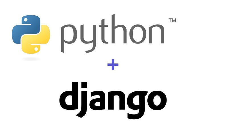 Może przedstawiać: Logo języka programowania Python, ż&oacute;łty i niebieski wąż, z tekstem "python" w kolorze szarym, po kt&oacute;rym następuje znak plus i tekst "django" w kolorze czarnym.