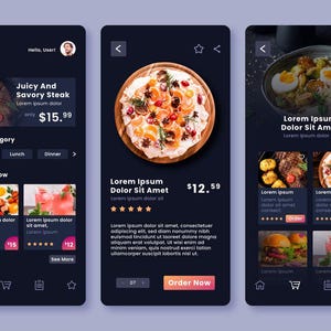 Può includere: Lo schermo di un'app per smartphone che mostra un servizio di consegna di cibo. L'app ha uno sfondo scuro con uno schema di colori arancione e rosso brillante. L'app presenta una varietà di cibi, tra cui una bistecca succosa, una pizza e una ciotola di noodles. L'app include anche una sezione per gli articoli popolari e una sezione per le categorie di pasti. L'app ha un prezzo di 12,59 € per la pizza e 15,99 € per la bistecca.