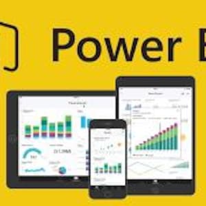May include: Power BI software interface displayed on four devices: a tablet, a smartphone, and two laptops. The devices are arranged in a staggered formation, with the tablet at the top and the smartphone at the bottom. The Power BI logo is visible in the top left corner of the image.