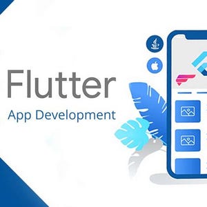 May include: A blue and white Flutter logo with the text "Flutter App Development" on a white background. A blue and white smartphone with a blue and pink Flutter logo on the screen is shown with a thumbs up icon. The phone is surrounded by icons representing different platforms, including Android, iOS, and web.