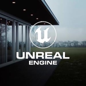 May include: A white logo with the letter "U" inside a circle, with the text "Unreal Engine" below it. The logo is in front of a modern house with large windows and a grassy lawn.