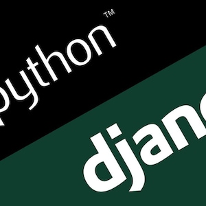 Peut inclure: Un fond noir avec le texte "python" en blanc avec un logo de serpent vert. Le fond passe à un vert foncé avec le texte "django" en blanc.