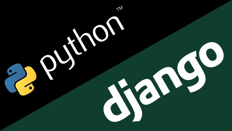 Może przedstawiać: Czarne tło z tekstem "python" w kolorze białym i zielonym logo węża. Tło przechodzi w ciemną zieleń z tekstem "django" w kolorze białym.
