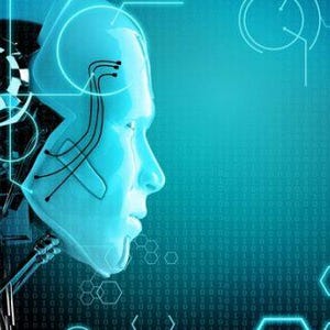 Puede incluir: Una cabeza de robot azul y negro con un fondo digital. La cabeza del robot est&aacute; hecha de metal y tiene una cara humana. El fondo es un patr&oacute;n digital azul y negro.