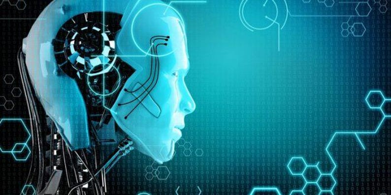 Puede incluir: Una cabeza de robot azul y negro con un fondo digital. La cabeza del robot est&aacute; hecha de metal y tiene una cara humana. El fondo es un patr&oacute;n digital azul y negro.