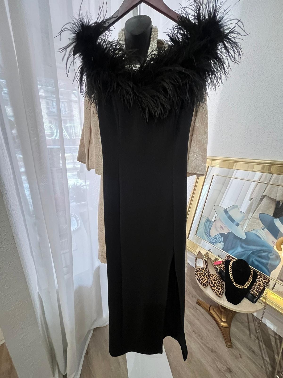 Feather Trim off Shoulder Black Dress - Etsy