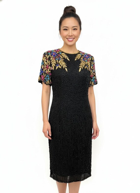 stenay beaded dress Vintage Black With Gold & Multicolor Floral Embellishment Bridesmaid Dresses Mismatched