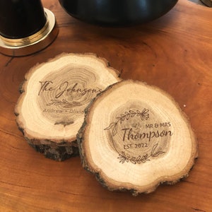 Personalized Natural Wooden Coasters, Custom Engraved coasters, Wedding gift, Bridesmaid gift, Housewarming gift, Home Decor