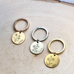 Personalized Birth Flower Keychain, Engraved Name Keychain, Birth Month ...
