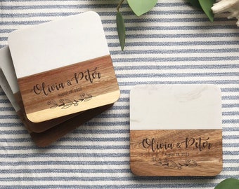 Personalized marble wood Coasters, Custom Printed coasters, Engraved coasters, Wedding gift, Bridesmaid gift, Housewarming gift, Home Decor