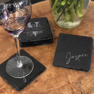 Personalized Engraved Slate Coaster set-Wedding Gift House Warming Gift Couples Gift; Wedding Gift, Anniversary Gift; Monogram Stone Coaster