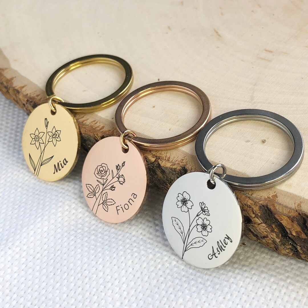 Personalized Birth Flower Keychain, Engraved Name Keychain, Birth Month ...