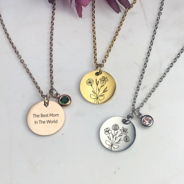 Mothers Day Gift for Mom, Family Birth Flower Bouquet, Combined Birth Flower Necklace, Birth Month Engraved Flower, Birthstone Necklace
