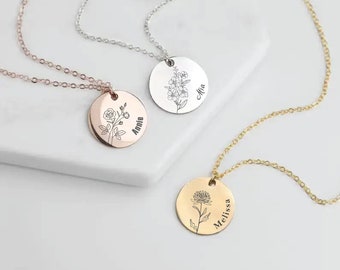 Collier personnalisé avec fleurs de naissance, bijoux prénom gravés, collier pour le mois de naissance, cadeau d'anniversaire, fête des mères, lot de gravures laser