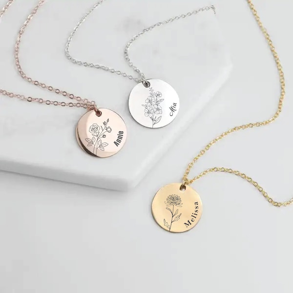 Personalized Birth Flower Necklace, Engraved Name Jewellery, Birth Month Necklace, Birthday Gift, Mother's Day, Laser engraving bundle