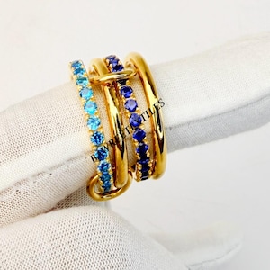 14K Gold Multi-Link Ring: Sterling Silver Interlocking Band with Gemstones