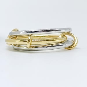 14K Yellow Gold Middle Band 2 Silver Band Ring Plain Link Band Ring Multi Connector Link Band Ring Jewelry Connected Ring Two Tone Ring