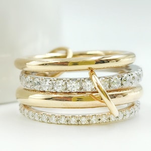 14K Solid Gold and 925 Silver Multi Link Connected Ring Chunky Connector Gold Ring Set Statement 14k gold & Silver Ring 4 band diamond ring