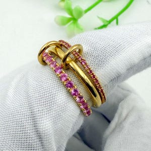 14K Gold Multi-Link Ring: Sterling Silver & Ruby Accent