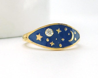 14K massief gouden hemelsblauw emaille ring: sterrennacht statement ring