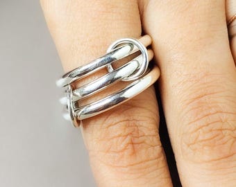14K Gold Multi-Link Sterling Silver Ring: Chunky Connector Eternity Band