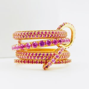 14K Solid Gold Multi-Link Ring: Chunky Ruby Connector Statement Ring