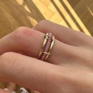 14K Solid Gold Multi Link Connected Rings, Chunky Gold Connector Ring, Pink Eternity Statement Ring, Interlocking Ring BY BAWREETEXTILES