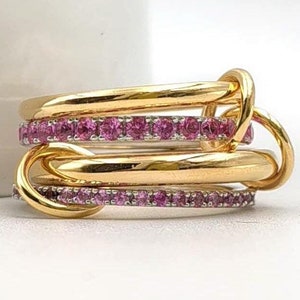 14K Solid Gold Ruby connector Band Ring, Ruby and CZ Multi Connector Band Ring, 4 Band Diamond Ring,   pink sapphire 4 set multi band ring