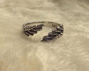 Engel Flügel Ring, verstellbares Feder Band, Sterling Silber