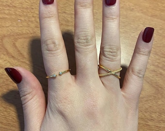 14K Gold Criss Cross Ring, Sterling Silver Pave X Ring